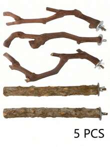 5 sztuk stojak na grzędę dla ptaków naturalny drewniany stojak na papugi gałąź, 3 grzędy z drewna winogronowego, 2 stojaki, widelec do mielenia łap, patyk do żucia dla papug, ćwiczenia treningowe gałęzie dla nimf, małe średnie ptaki