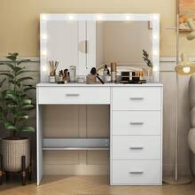 Makeup Vanity With Lights,Vanity Desk With Mirror And Stool,White Dresser Table With Drawers And Open Shelves,3 Color Modes,10 LED Light,Sliding Mirror,Adjustable Brightness,Modern Wood Vanity Desk Set For Bedroom,Bathroom,Halloween Gift For Women - 白色 - 查看 2