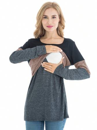 孕妇休闲拼接长袖哺乳T恤