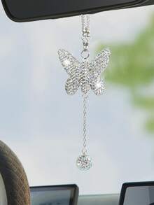 1pc Car Interior Pendant Full Diamond Shining Butterfly Car Rearview Mirror Decoration Car Interior Pendant Women's Car Accessories