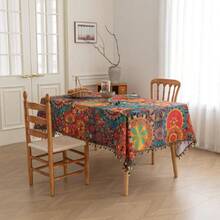 Boho Tablecloth For Square Tables,Fringed Edges With Geometric Pattern Tablecloths,Farmhouse Floral Table Cover Cloth Drative For Kitchen Dining Room,59"X 59",24897018 - Maroon - View 2