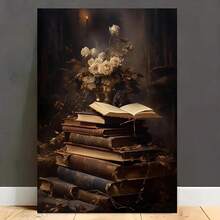 1pc Frameless Dark Academia Vintage Moody Landscape Canvas Wall Art Poster - 12x18 Inches, Gothic Study Theme With Antique Books & Floral Vase, Premium Canvas Print For Living Room, Bedroom, Halloween - 彩色 - 查看 2