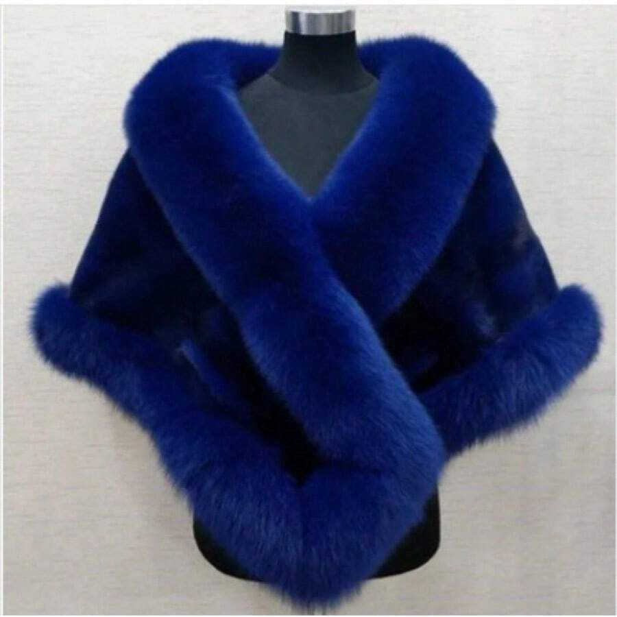 Women's Faux Fur Cape Shawl Wrap - V-Neck Oversized Plush Fleece Coat, Luxurious Grey/Black/White/Beige/Brown Winter Coat For Weddings, Parties & Evening Events, Machine Washable Elegant Cover-Up Halloween Costumes For Women Scarf - 寶藍色 - 查看 1