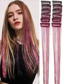 12 Pieces Clip-In Medium Straight Hair Synthetic Hair Clips, Fashion Party Christmas Gift Girls Blonde Hair Silk Hair Clips, Colorful Glitter Hair Clips, Dazzling Hair Accessories For Holiday Gift Party With Family And Friends.Bridal Veil, Valentine's Day Hair Accessories For Couples, Y2K Women's Hair Accessories - Multicolor - View 9