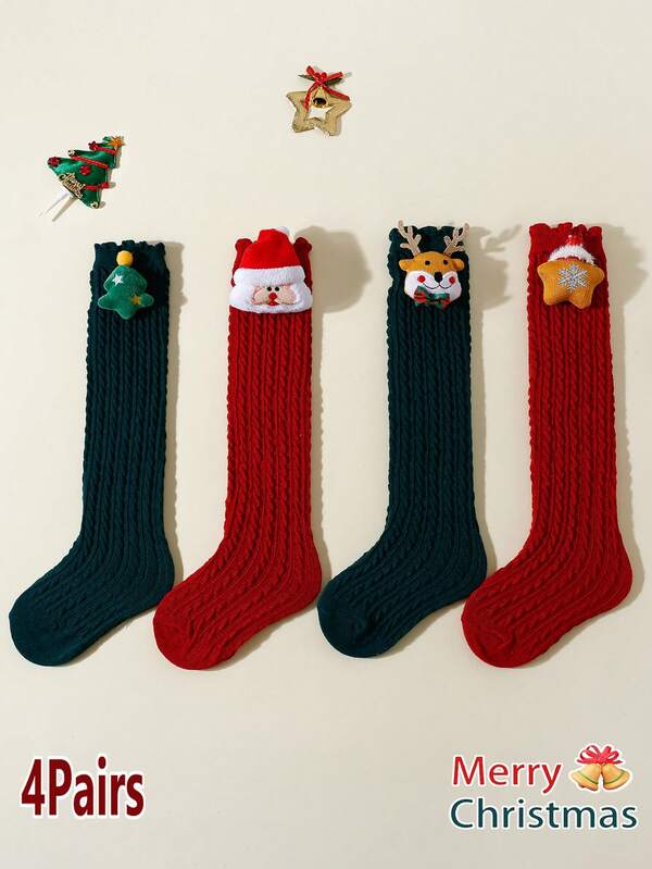 4 pares de calcetines de tubo recto de unicolor con personajes navideños decorados, adecuados para Navidad, Año Nuevo y Acción de Gracias