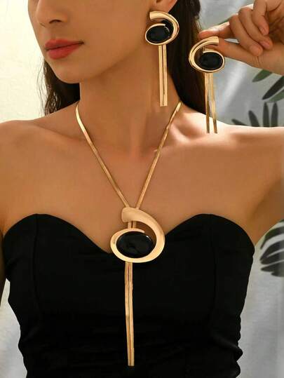 3pcs Fashionable Geometric Tassel Long Pendant Necklace Y-Shaped Chain + Women Earrings Jewelry Set, Elegant Minimalist Design Suitable For Daily, Vacation, Date, Gift, Party, Dress Matching, Adjustable Length