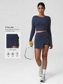 Sodalemon Women Workout Set Round Neck Long Sleeve Active Wear Training T-Shirt Tie Straps Bow Tennis Skirt Golf Fitness Elastic Waist Skort 2 PCS Sports Sets - Navy Blue - View 3