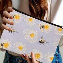 Sac de maquillage imprimé avec motif mignon de miel et fermeture éclair. Sac de cosmétiques et de toilette au style boho floral. Sac réutilisable pour médicaments, sac de rangement pour stylos et accessoires esthétiques animaux. Sac de rangement pour le maquillage et les voyages. Pour l'école, la décoration d'été, le rangement de collations. 23 cm x 15 cm