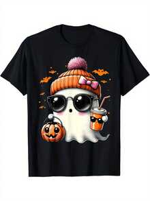 Camiseta de Halloween para Mujer - Diseño Divertido con Café y Detalles Naranjas, Algodón Suave - Ropa Casual de Otoño, Lavable a Máquina, Top para Fiesta o Uso Diario, Prenda Estirable, Atuendo Festivo - Negro - Ver 2