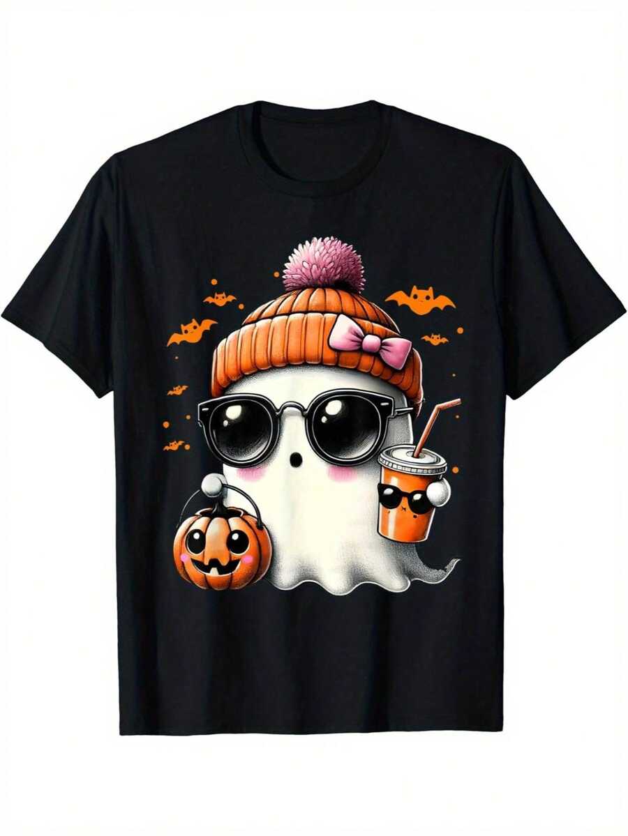 Camiseta de Halloween para Mujer - Diseño Divertido con Café y Detalles Naranjas, Algodón Suave - Ropa Casual de Otoño, Lavable a Máquina, Top para Fiesta o Uso Diario, Prenda Estirable, Atuendo Festivo