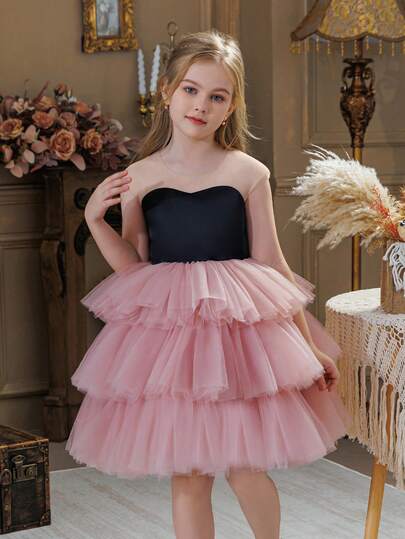 少女黑色和粉色撞色网眼拼接优雅派对礼服、公主蛋糕裙、生日派对、婚礼花童、节日庆祝礼服