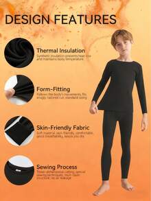 男童保暖内衣套装（8-12岁/120-160厘米） - 圆领长袖上衣和裤子，黑色 | 保暖内衬，超保暖透气 | 修身剪裁，适合居家玩耍、上下学、滑雪旅行 | 防静电，速干 | 冬季/圣诞节必备