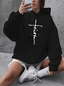 Plus Size Women "Faith" Cross Graphic Sweatshirt, Loose Casual Autumn/Winter Fashion - Black - View 4