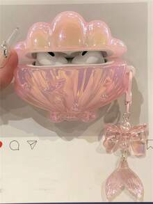 可爱激光贝壳鱼尾吊坠耳机盒兼容 1 2 3 4 Pro 2 外壳柔软可爱软后盖适合女孩 - 粉色 - 查看 3