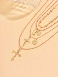 4pcs Vintage Metal Geometric Round Pendant Multilayer Necklace Set, Women Punk Style Cross Pendant Necklace Set, Suitable For Halloween Wear - Cross - View 3