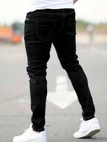 1pc Men's Slim Fit Stretch Blue Denim Jeans - Black - View 2