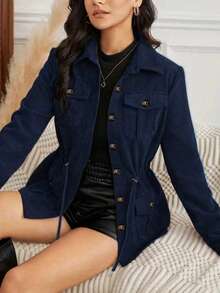 Women's Solid Color Long Sleeve Drawstring Waist Casual Utility Jacket, Autumn/Winter Spring - Blue - View 2