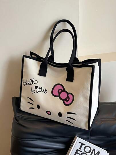 1个Hello Kitty手提包，1个耐用涤纶手提包，可爱拉链封口，可机洗，女孩时尚配饰 - 白色和黑色可选