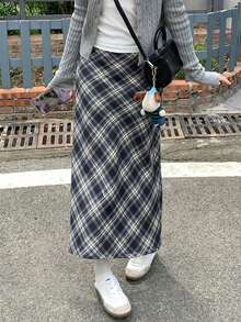 春夏新款百搭格子中长款松紧腰休闲开衩下摆半身裙 - 藏蓝色 - 查看 2