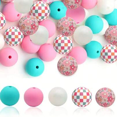 40pcs 15mm Printed Beads With Solid Color Silicone Beads Set - Various Colors And Patterns | Cute Designs | Smooth Finish Beads - Ideal For DIY Crafting Keychains, Necklaces, Bracelets, Decorative Pens, Jewelry And Pendants - Creative Holiday Decorations Jewelry Making Supplies