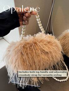 Fluffy Shoulder Bag For Women, New Tassel Turkey Feather Niche Crossbody Bag, Faux Pearl Chain All-Match Autumn And Winter Plush Bag, Women's Faux Fur Fuzzy Hobo Bag, Evening Faux Fur Handbags, Furry Fluffy Fuzzy Bags Purse, Crossbody Shoulder Strap, Evening Clutch Bag, Wedding Party Bag, Fashionable Cute Pearl Tassel High-End Furry Shell Design Tote Bag - Nhiều màu - Xem 8
