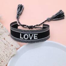 1 pieza Pulsera trenzada con borlas, bordada a mano con carta de amor, estilo bohemio - Negro - Ver 2