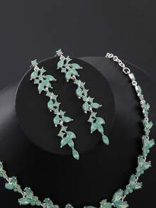 4 Pieces/Set Rhinestone Rhinestone Bridal Bridesmaid Jewelry Set, Elegant Horse Eye Pointy Rhinestone Leaf Necklace Pendant Earrings Bracelet Set, Suitable For Women's Wedding Party Accessories - Light Green - View 5