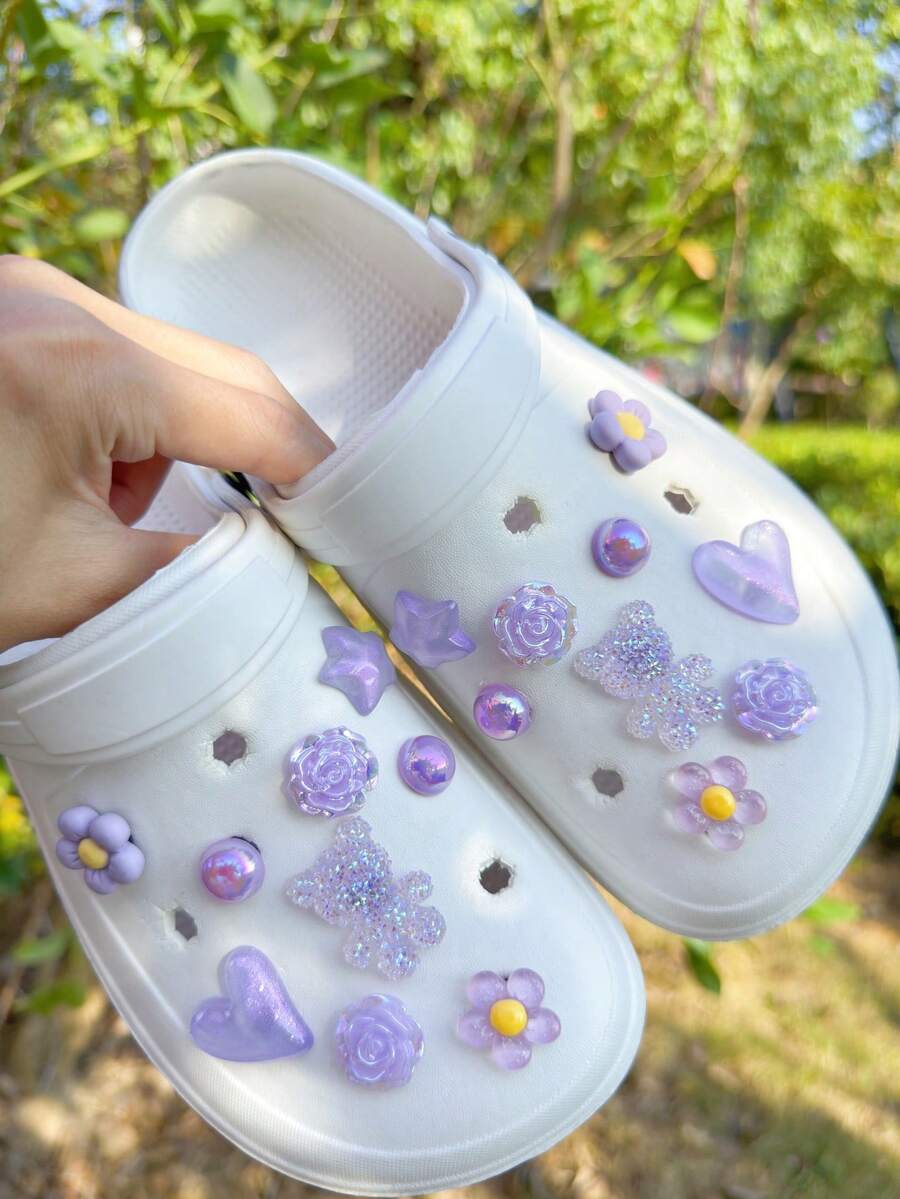 18pcs Purple Bear, Rose, Heart, Flower, Pentagram Detachable Decorative Accessories, Suitable For Sandals, Clogs, Garden Shoes, Beach Shoes, All Season, Great Holiday Gift