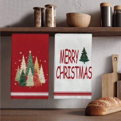 MEMNUN 2 件圣诞快乐红色和彩色圣诞树和文字印花厨房巾，15.75 * 23.62 英寸（40 * 60 厘米）超柔软吸水超细纤维洗碗巾、手巾、洗碗布、圣诞装饰、家居装饰、厨房装饰、烹饪烘焙茶巾、厨房配件，可机洗，适用于餐厅、厨房、圣诞节装饰和送礼，所有季节