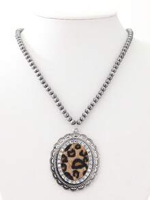 1pc Bohemian Style Leopard Print Leather Geometric Turquoise Pendant Necklace, Women - Necklace - View 6