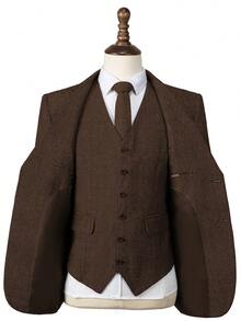 Retro 3 Piece Men Suit Tweed Herringbone Men's Suits Groom Tuxedos Set Prom Brown Grey Jacket Blazer Vest Pants Wedding Prom Tuxedos Groomsmen - 棕色 - 查看 3