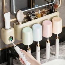 حامل فرشاة الأسنان المثبت على الحائط بدون ثقب مع كأس - منظم حمام لمعجون الأسنان وفرشاة الأسنان موفر للمساحة، شفاف، طقم حامل فرشاة الأسنان