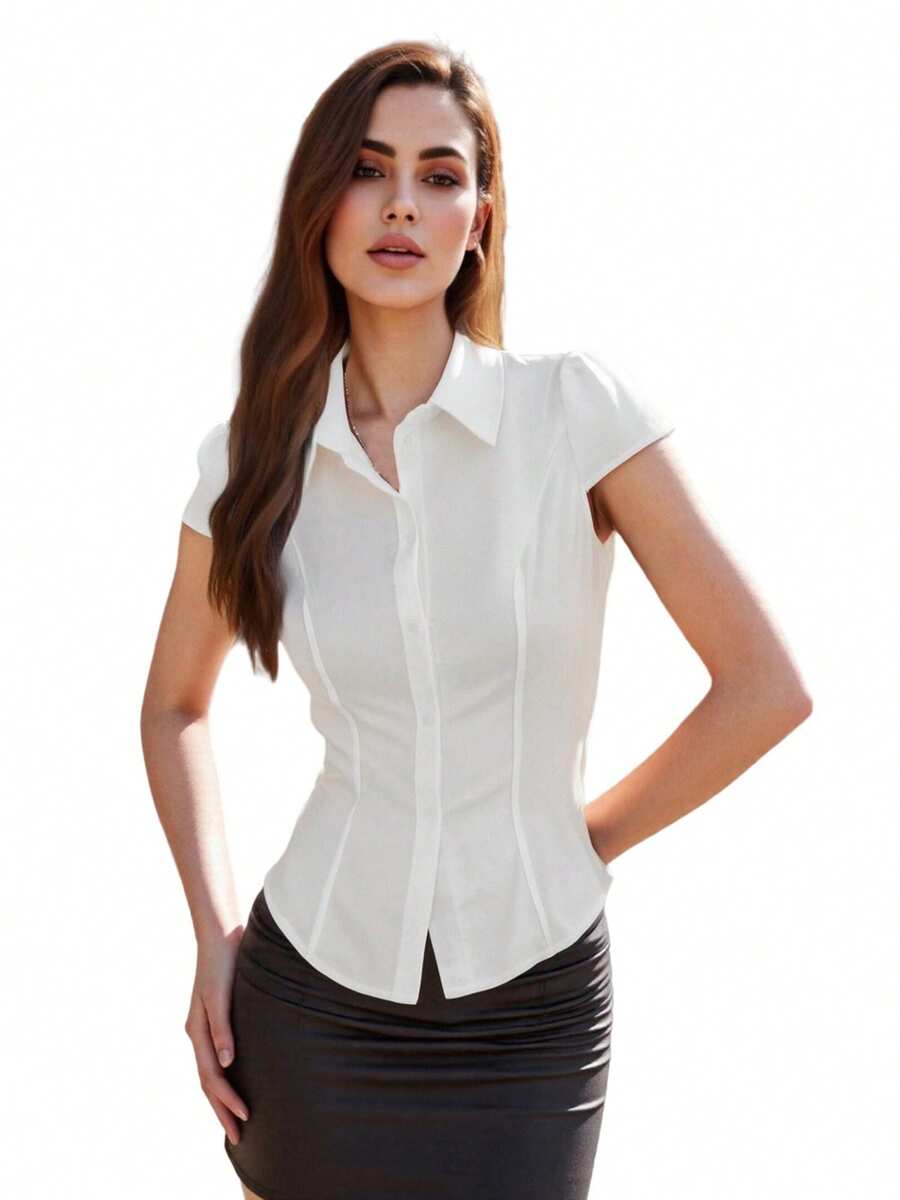 Vintage Waist - Cinching Shirt For Women - Retro Button - Down Top With Slim Fit Design, Y2K / 90s Inspired Fashion - 白色 - 查看 1