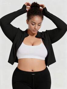 Plus Size Women High Stretch Quick-Dry Yoga Jacket, Long Sleeve Stand Collar Slim Fit Sports Jacket With Zipper Closure, All-Season Fitness & Casual Wear, Machine Washable, Fashionable Fabric Design - Black - View 6