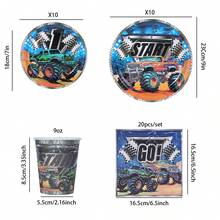 10/20/50 piezas, Juego de vajilla de cumpleaños de Monster Truck que incluye platos de papel, vasos y servilletas, platos desechables redondos de coches todoterreno, vajilla desechable de coches de carreras, platos con tema de camiones para fiestas de niños, pañuelos, vasos para decoraciones y suministros de fiestas de coches para niños