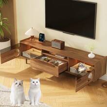 Pet-Friendly Walnut Coffee Table With Cat Holes, 80*50*40 Cm, Natural Walnut Finish – Perfect For Modern Living Rooms And Human-Pet Interaction - Walnut + MDF + LED+Glass+180cm - View 6