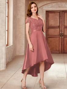 MIUSOL Sequin Lace Sweetheart Neck High-Low Hem Satin Prom Party Swing Dress - Dusty Pink - View 7