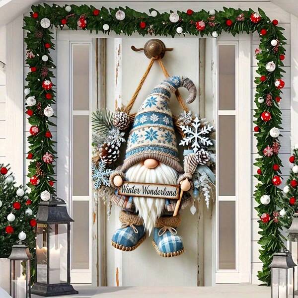 1 pièce Bannière de porte Gnome Pays des Merveilles d'Hiver - Décoration polyvalente en polyester pour Noël, Nouvel An, Saison Hivernale - Pas besoin d'électricité, Décoration festive d'intérieur et d'extérieur pour fête de récolte, anniversaire