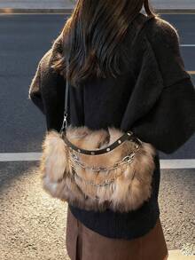 1 geantă de umăr pentru femei, din blană artificială, cu buline, culoare cafea, ombre, cu lanț, la modă pentru toamnă/iarnă