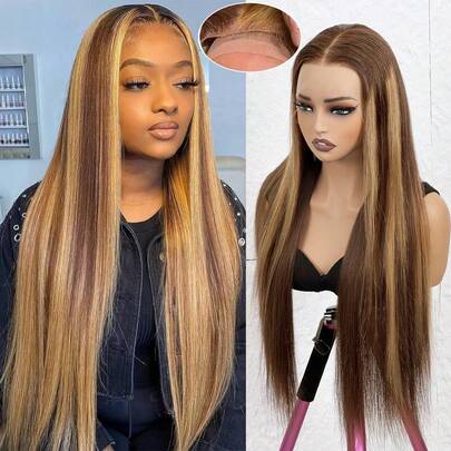 VIOLLY Perruque de cheveux humains mélangés blond miel dégradé P4/27# avec lace frontale HD pré-coupée 5x5, ligne de cheveux naturelle pré-épilée, densité de 200, sans colle, convient pour le port