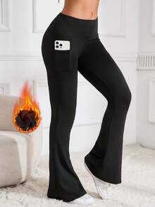 Pantalones de pierna acampanada con control de abdomen y bolsillos para mujer - Forro polar cálido, elástico cómodo, que estiliza la figura, para usar desde el entrenamiento hasta el trabajo, con estilo casual (otoño e invierno)