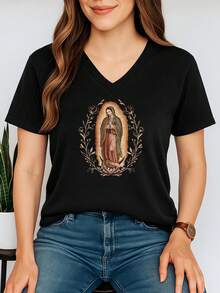 Our Lady Of Guadalupe Virgin Mary V-Neck Shirt, Mother V-Neck TShirt, Latina V-Neck TShirt Gift For Catholic Mom, Vintage 90s Y2K Tee - Soft, Breathable Crew Neck Tee, Lightweight & Comfortable Casual Summer Wear, Women's Tops, White - Black - V-neck - View 3