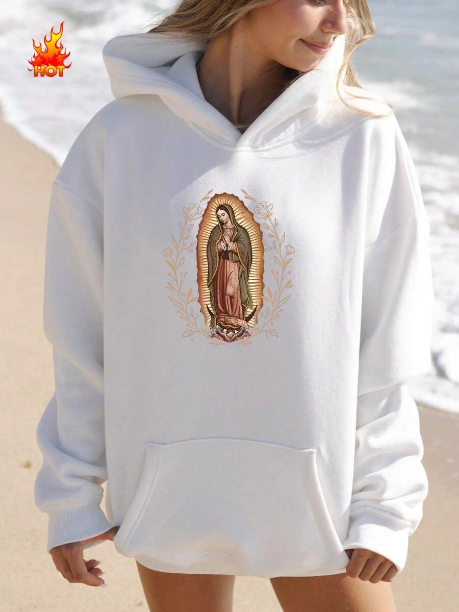 Our Lady Of Guadalupe Virgin Mary Fleece Hoodie, Mother Hoodie, Latina Hoodie Gift For Catholic Mom, Vintage 90s Y2K - Soft, Breathable Crew Neck, Lightweight & Comfortable Casual Summer Wear, Women's Tops, White - White - Fleece Hoodie - 查看 1