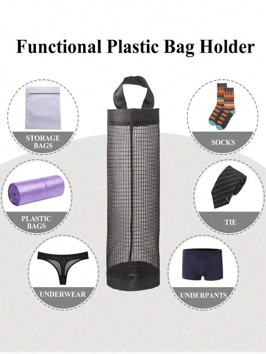 1pc Space-Saving Mesh Hanging Plastic Bag Storage Box - Foldable Breathable Kitchen Grocery Bag Organizer, Grocery Bag Rack, Home Storage Container