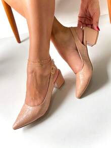 Elegant Block Heel Sandal With Pointed Toe And Crocodile Back Opening In Nude - Nude Croco - View 1