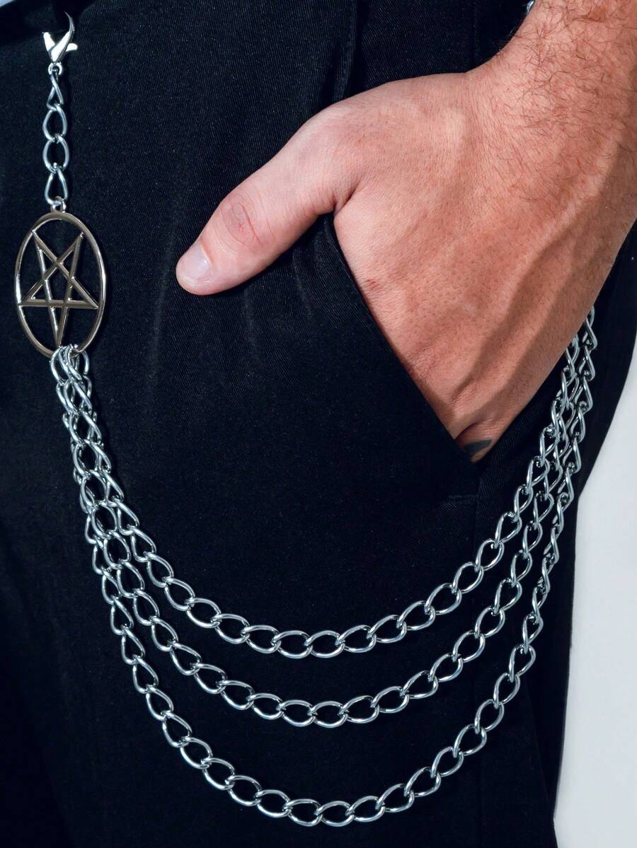 Unisex Punk Rock Triple Chain Pant Accessory With Pentagram Pendant - Bạc - Xem 1