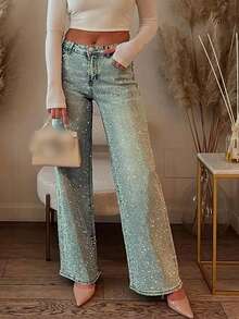New Fashion European And American Style Women's Loose Straight Leg Full Rhinestone Embellished Denim Maxi Pants Casual - Light Wash - View 5