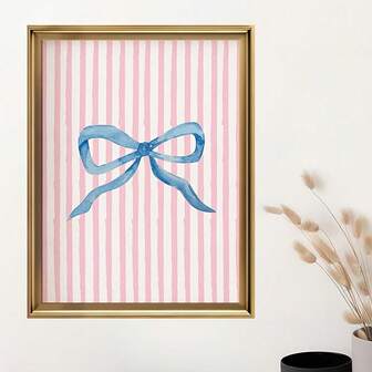 1 pieza Decoración de habitación Impresión en lienzo de lazo azul acuarela sobre rayas rosas, póster de tela sin marco, arte decorativo de pared para el hogar, oficina, sala de estar, dormitorio, regalo ideal para festivales
