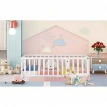 Kinderbett 90 x 200, Holzboden Bettrahmen mit Zaun und Tür, Weiß (Alte SKU ist WF316892AAW)