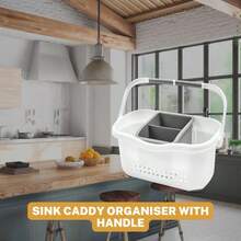 Sink Caddy Organiser Sponge Holder Cutlery Drainer With Handle Kitchen Utensil Rack Accessory Compartment Decor Plastic - White/Grey - View 3